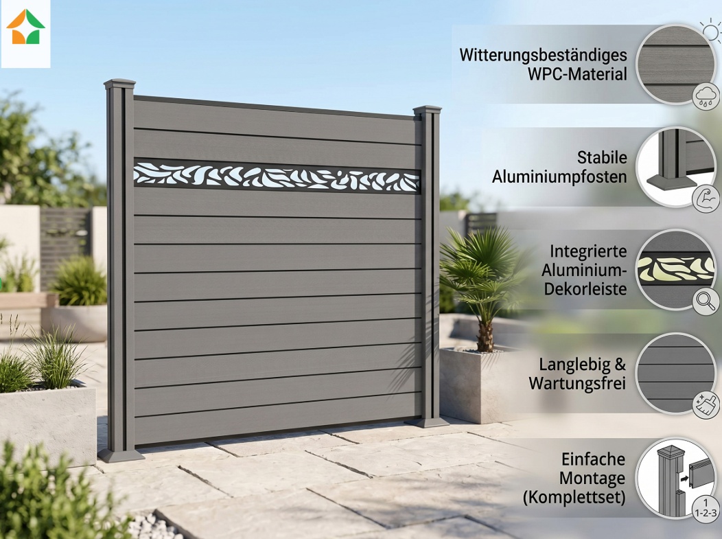 WPC‑Sichtschutzzaun Valla – 1 Element 2 Pfosten mit Dekorleisten, ca. 1,9×1,9 m