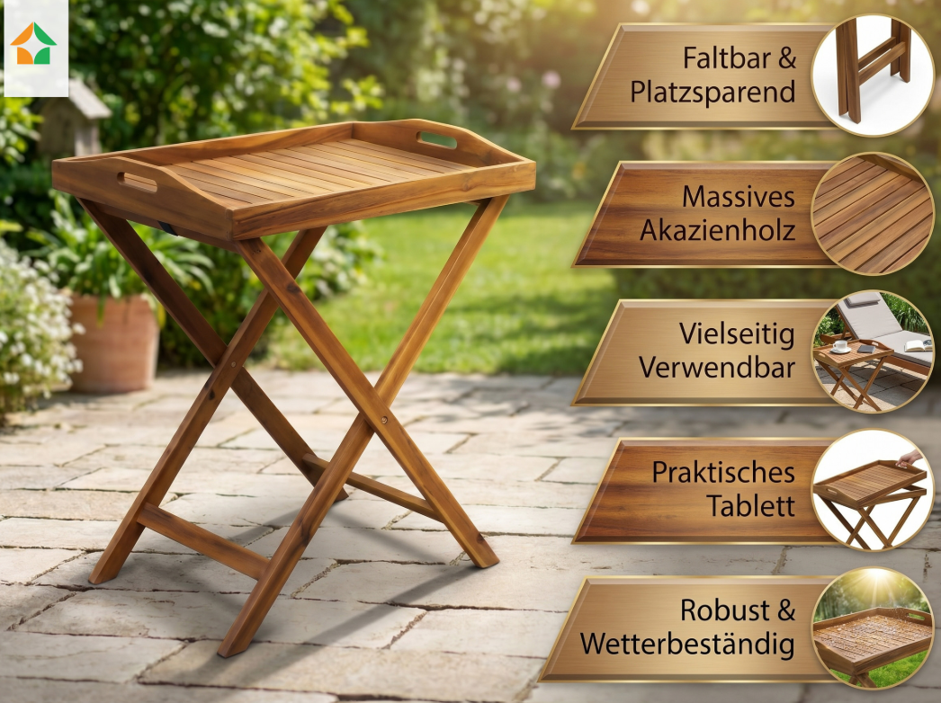 Faltbarer Gartentablett-Tisch aus Akazienholz, ca. 68 x 44 x 74 cm