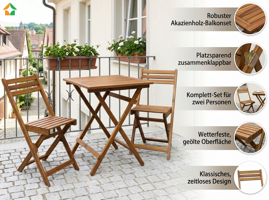 3-teiliges Balkonmöbel-Set aus Akazienholz, klappbar
