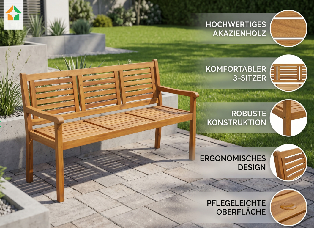 3-Sitzer Gartenbank aus Akazienholz, ca. 153 x 90 x 57 cm - Braun