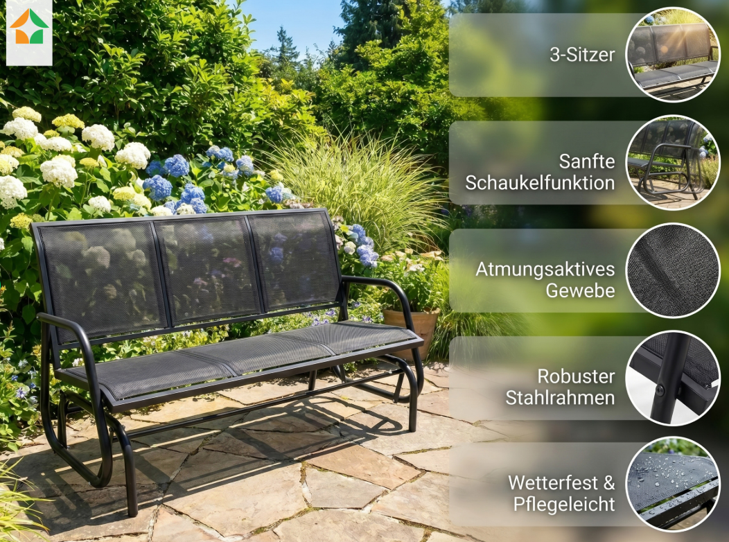 Schaukelbank Gartenbank 3-Sitzer, ca. 151 x 70 x 83 cm – Schwarz