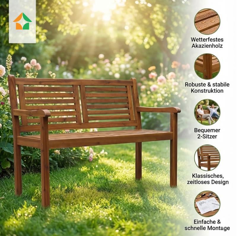 2-Sitzer Gartenbank aus Akazienholz, ca. 118 x 58 x 89 cm - Braun