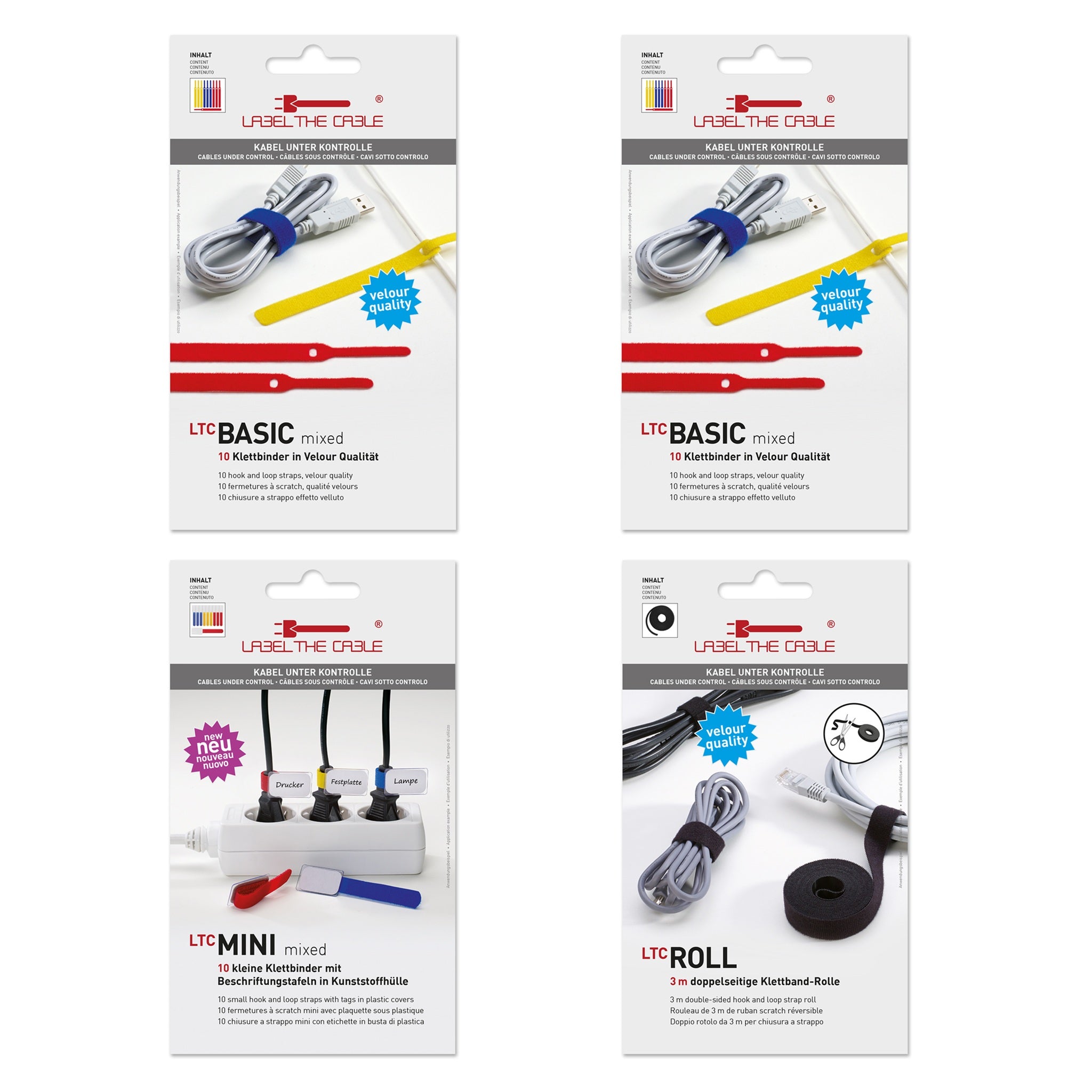 Kabelordnungs-Komplettset von Label-the-Cable –3 m Klettbandrolle + 10 beschriftbare Klettfahnen + 20 bunte Klett-Kabelbinder