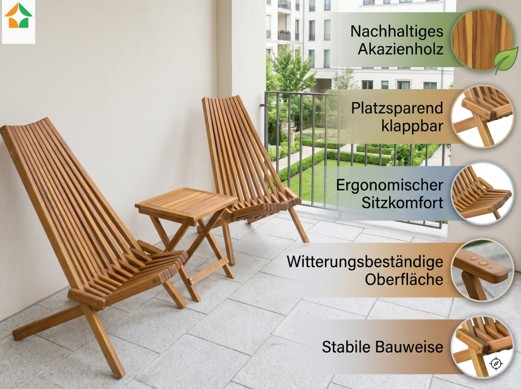 3tlg Klappbares Holzliegestuhl Set aus Akazienholz – 2 Stühle + 1 Beistelltisch