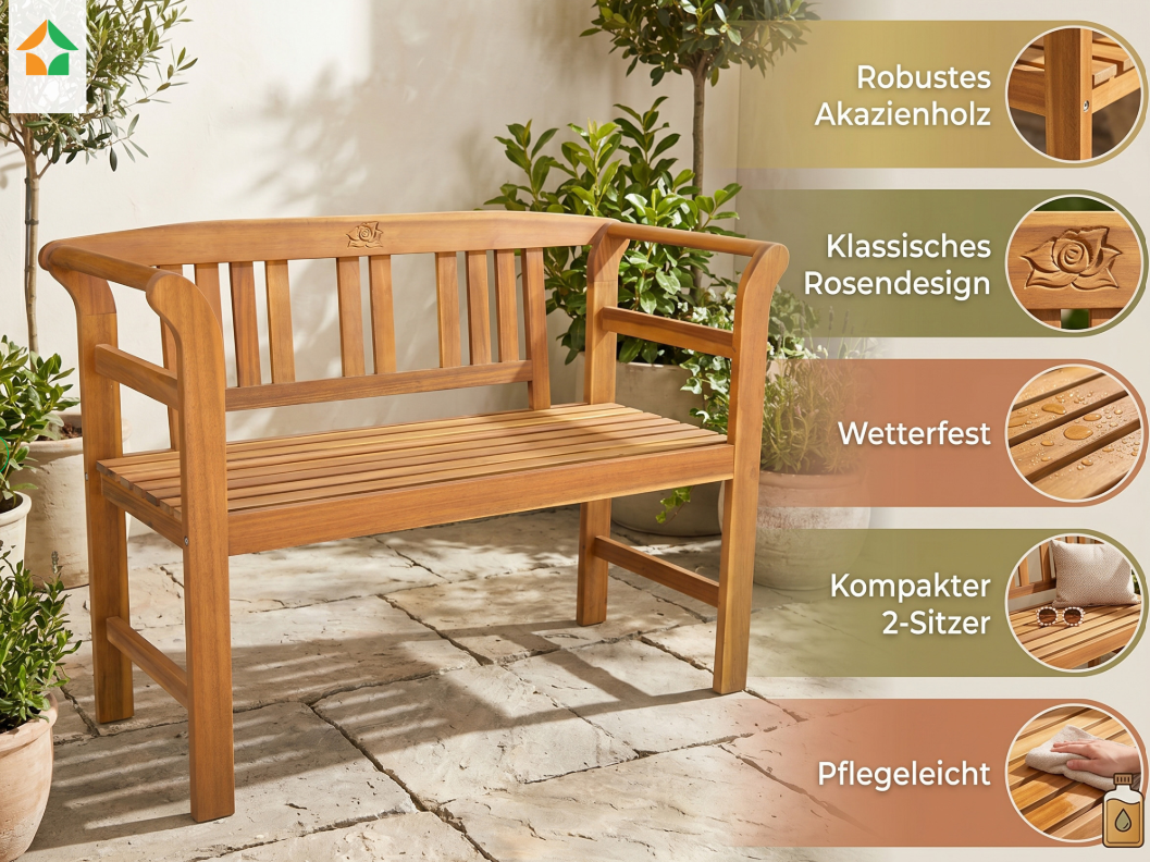 2-Sitzer Gartenbank aus Akazienholz, ca. 115 x 48,5 x 82 cm - Rose
