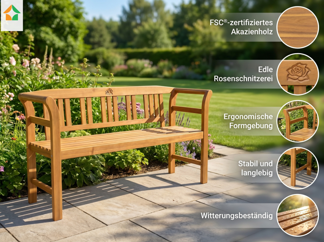 3-Sitzer Gartenbank aus Akazienholz, ca. 157 x 49 x 82cm - Rose