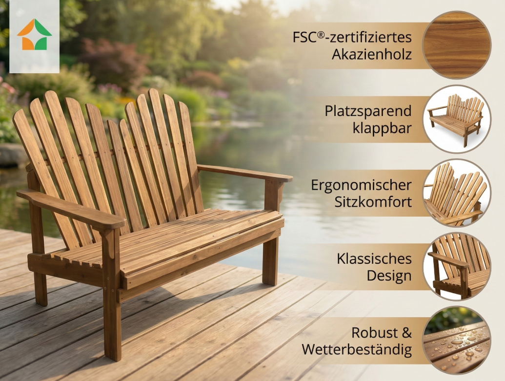 2-Sitzer Adirondack Gartenbank aus Akazienholz, ca. 125 x 80 x 94 cm – Braun