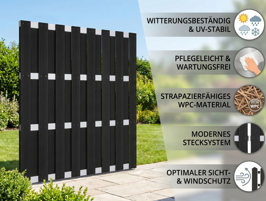 WPC-Sichtschutzzaun CARMENO - 1x Element, ca. 180 x 180 cm - Schwarz