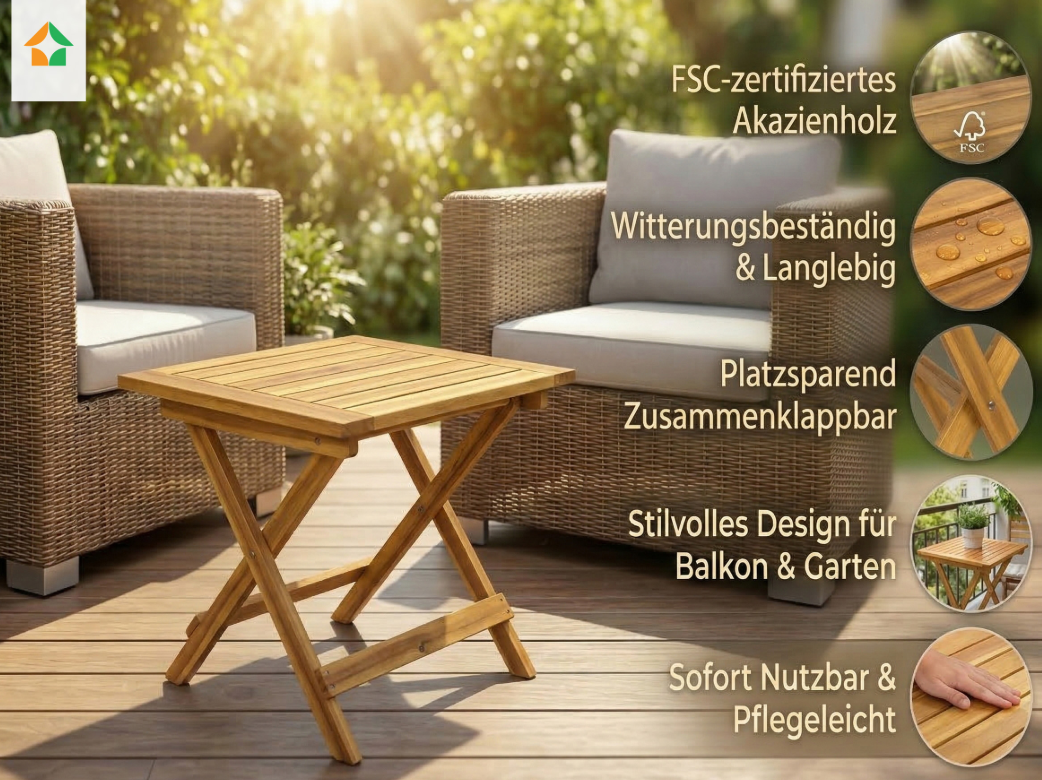 Akazienholz Gartenklapptisch Beistelltisch 38 cm FSC