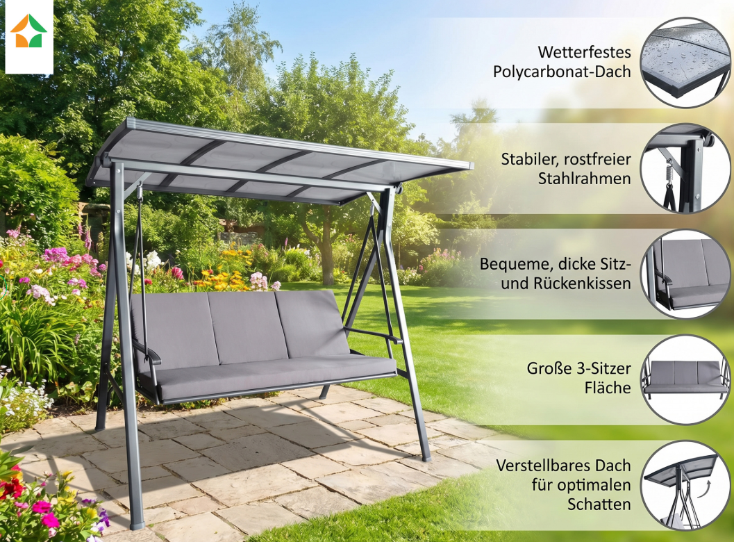 Gartenschaukel 3-Sitzer Hollywoodschaukel mit Dach grau