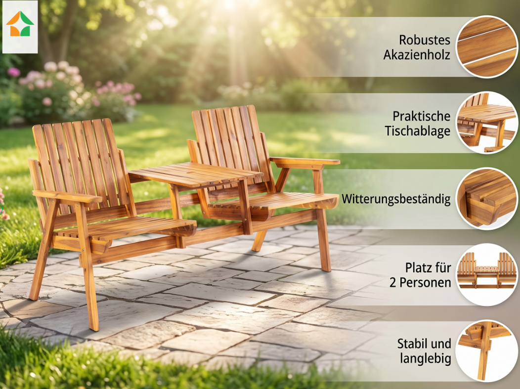 2-Sitzer Gartenbank mit Tischablage aus Akazienholz, ca. 153x65x82 cm - Braun
