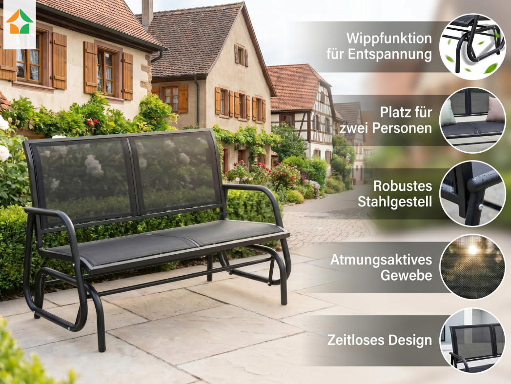 Schaukelbank Gartenbank 2-Sitzer, ca. 120 x 70 x 83 cm – Schwarz