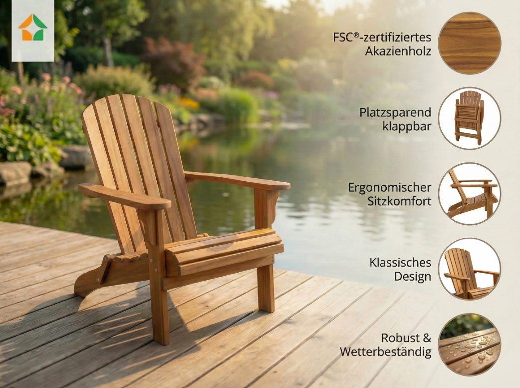 Klappbarer Adirondack Liegestuhl aus Akazienholz, ca. 84 x 69 x 93 cm - Braun