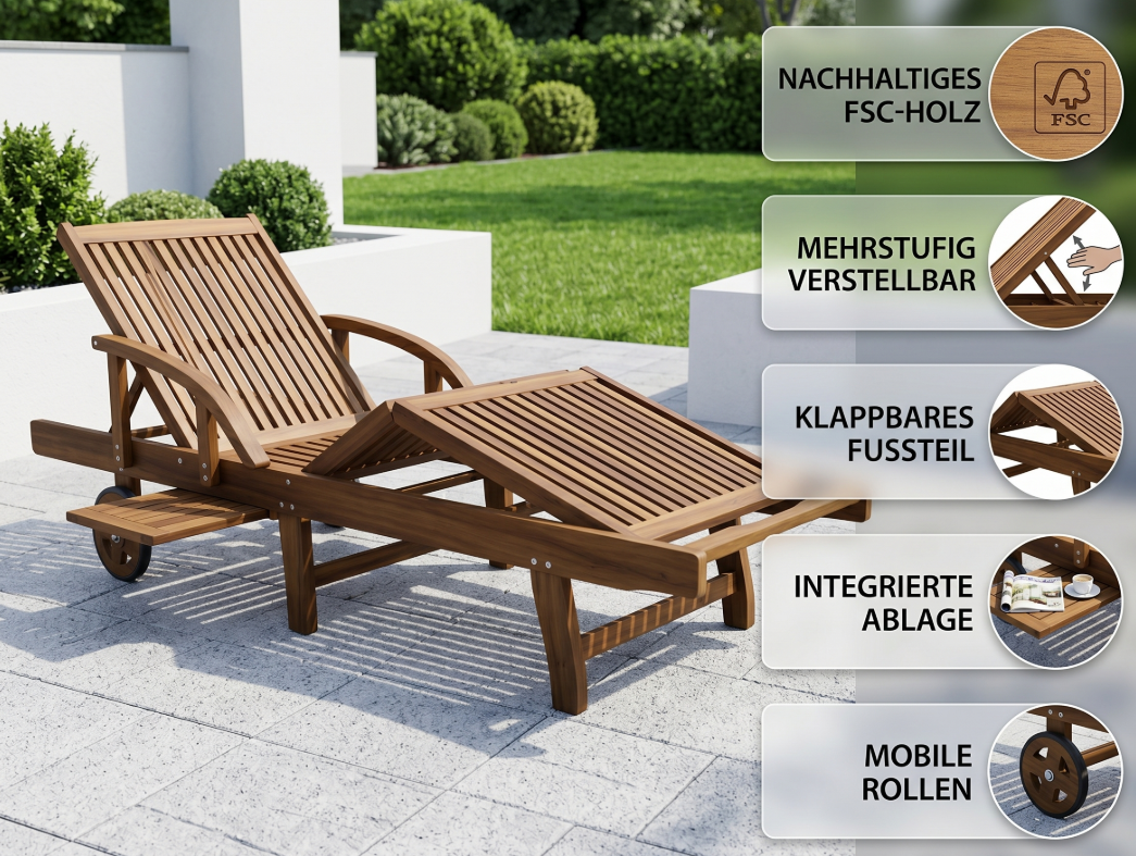 Sonnenliege aus FSC-Eukalyptusholz - 200 × 68 × 83 cm - geölt