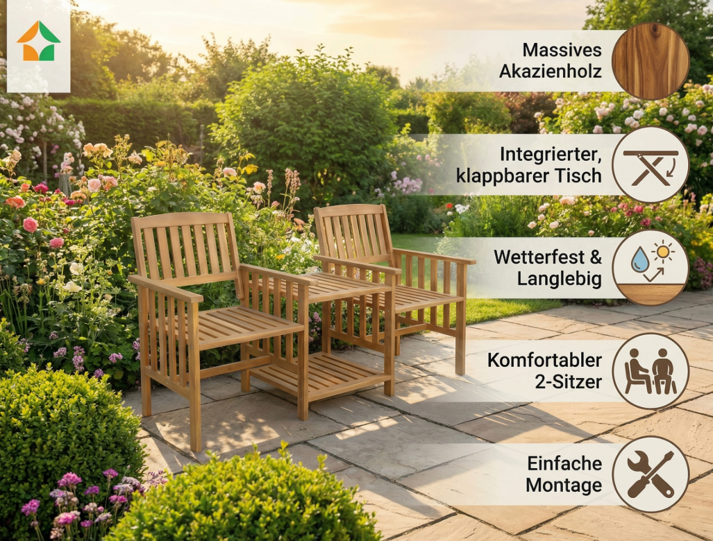 2-Sitzer-Gartenbank mit Beistelltisch, ca. 163 x 63 x 91 cm - Braun
