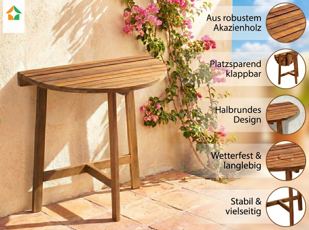 Klappbarer Beistelltisch halbrund aus Akazienholz, ca. 70 x 45 x 75 cm