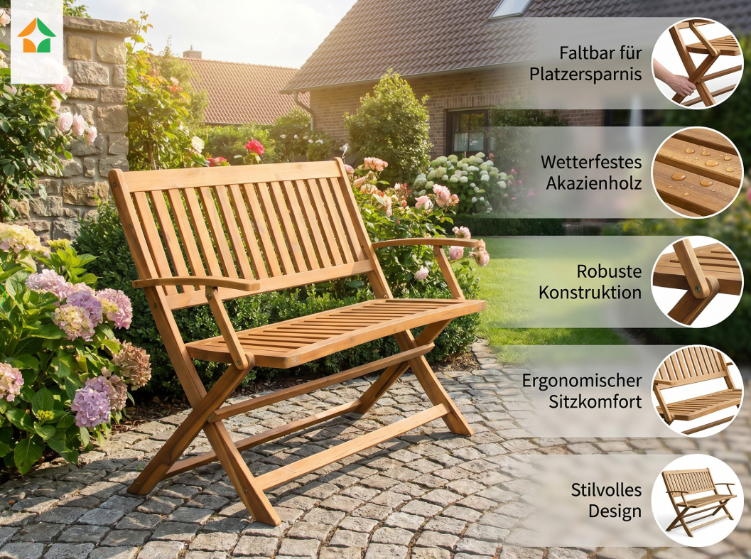 2-Sitzer faltbare Gartenbank aus Akazienholz, ca. 118 x 60 x 90 cm - Braun