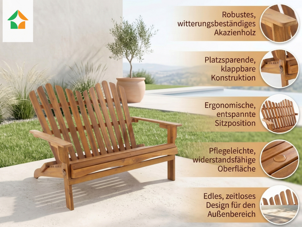 2-Sitzer Klappbare Adirondack Gartenbank aus Akazie, ca. 125 x 80 x 94 cm