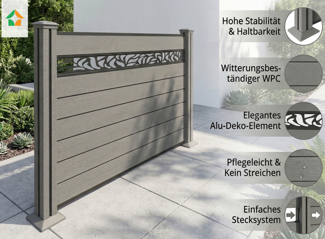 WPC‑Sichtschutzzaun Valla – 1 Element 2 Pfosten mit Dekorleisten, ca. 1,9×1,3 m