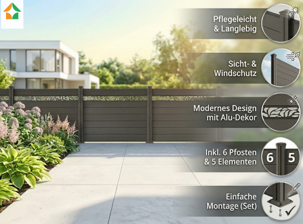 WPC‑Sichtschutzzaun Valla – 5 Elemente 6 Pfosten mit Dekorleisten, ca. 9,1×1,3 m