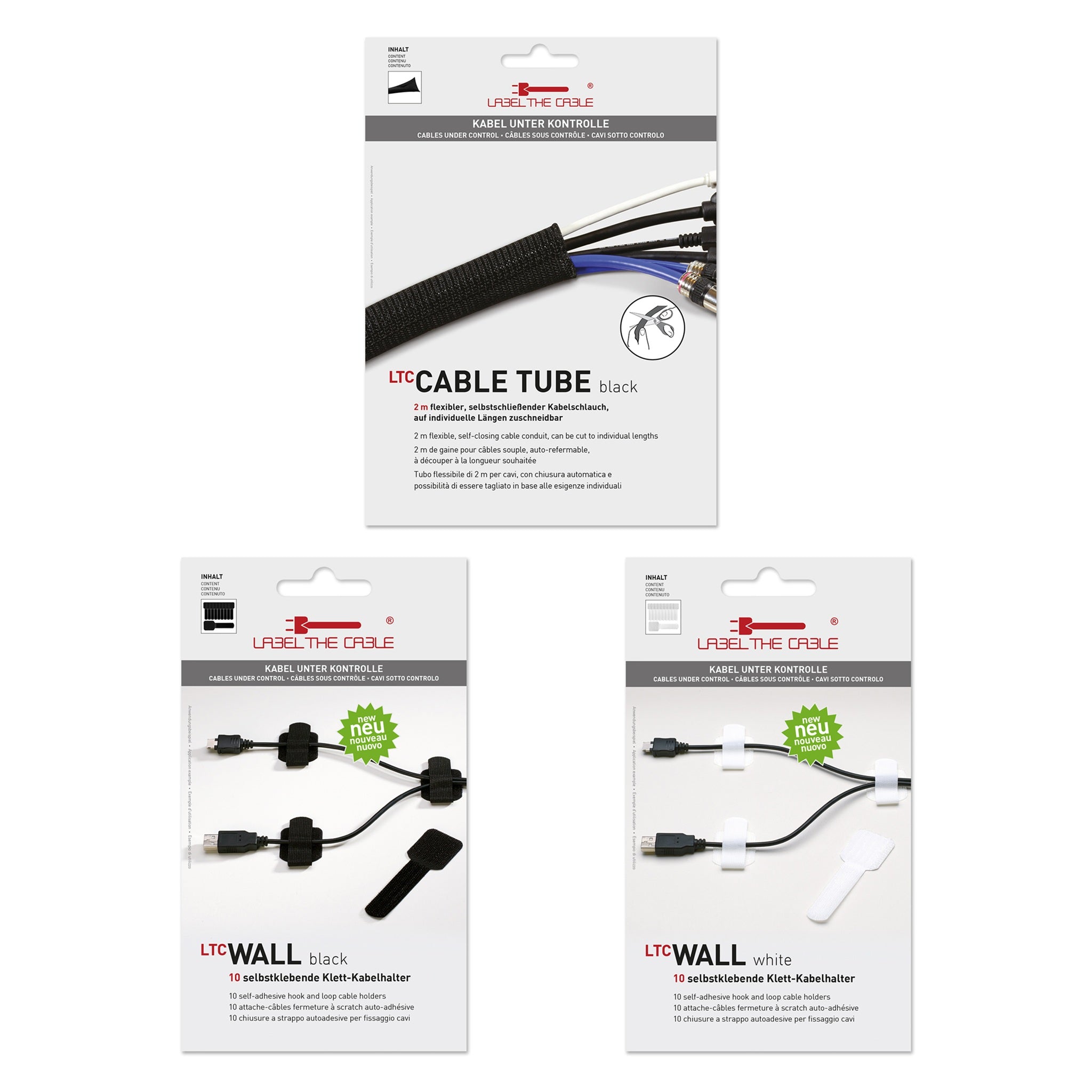 Kabelmanagement Komplett-Set von Label the Cable – Kabelschlauch 2 m + 20 Klett-Kabelhalter (schwarz & weiß) für Ordnung am Schreibtisch & TV