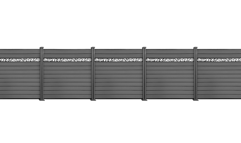 WPC‑Sichtschutzzaun Valla – 5 Elemente 6 Pfosten mit Dekorleisten, ca. 9,1×1,9 m