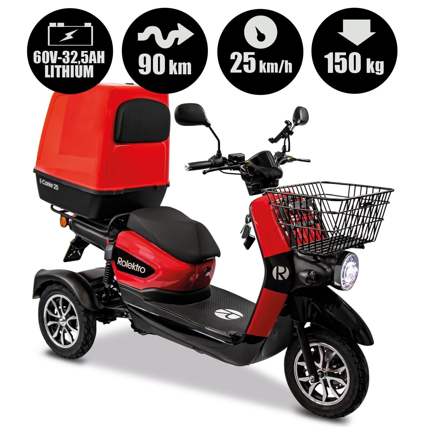 Rolektro E-Carrier 25 V.3 Lithium, Rot, mit XXL-Koffer, 25 kmh
