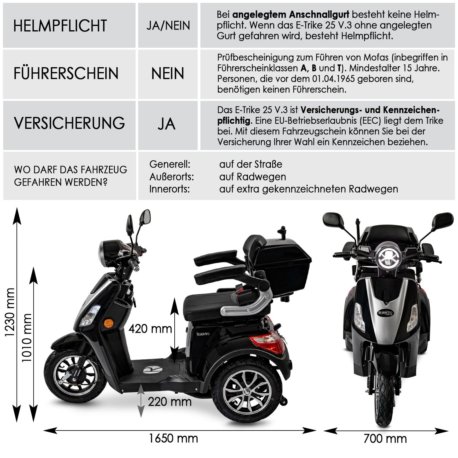 Rolektro E-Trike 25 V.3 Lithium, Schwarz, 25 kmh