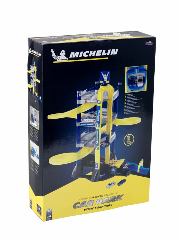 Theo Klein Michelin Service Parkhaus mit 4 Ebenen - mit Wippe, Sprungschanze und Rundenzähler, doppelte Abfahrtsrampen für Rennen, Aufzug und 2 Autos  - Geeignet für Kinder ab 3 Jahren