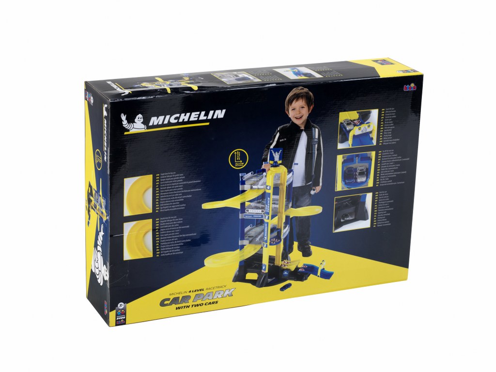 Theo Klein Michelin Service Parkhaus mit 4 Ebenen - mit Wippe, Sprungschanze und Rundenzähler, doppelte Abfahrtsrampen für Rennen, Aufzug und 2 Autos  - Geeignet für Kinder ab 3 Jahren
