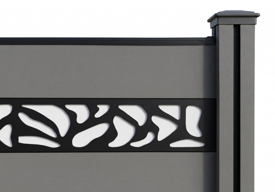WPC‑Sichtschutzzaun Valla – 5 Elemente 6 Pfosten mit Dekorleisten, ca. 9,1×1,3 m