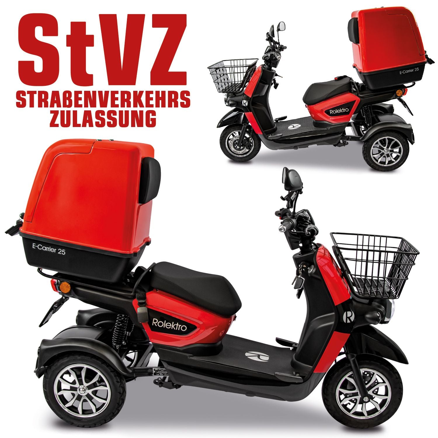 Rolektro E-Carrier 25 V.3 Lithium, Rot, mit XXL-Koffer, 25 kmh