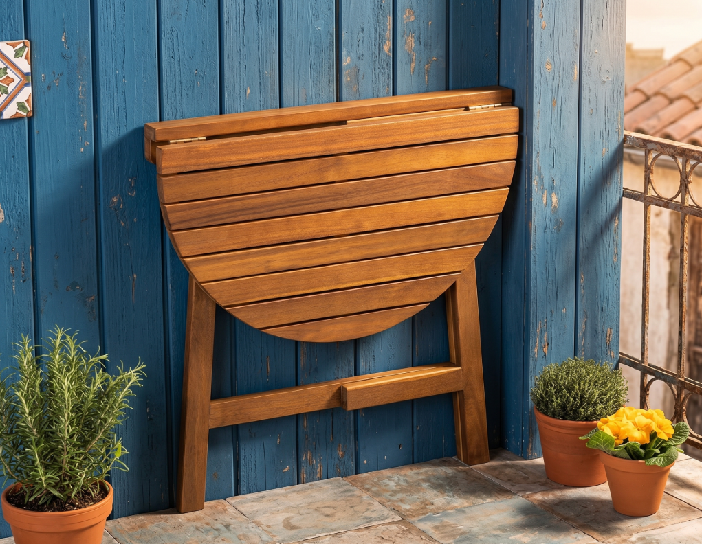 Klappbarer Beistelltisch halbrund aus Akazienholz, ca. 70 x 45 x 75 cm