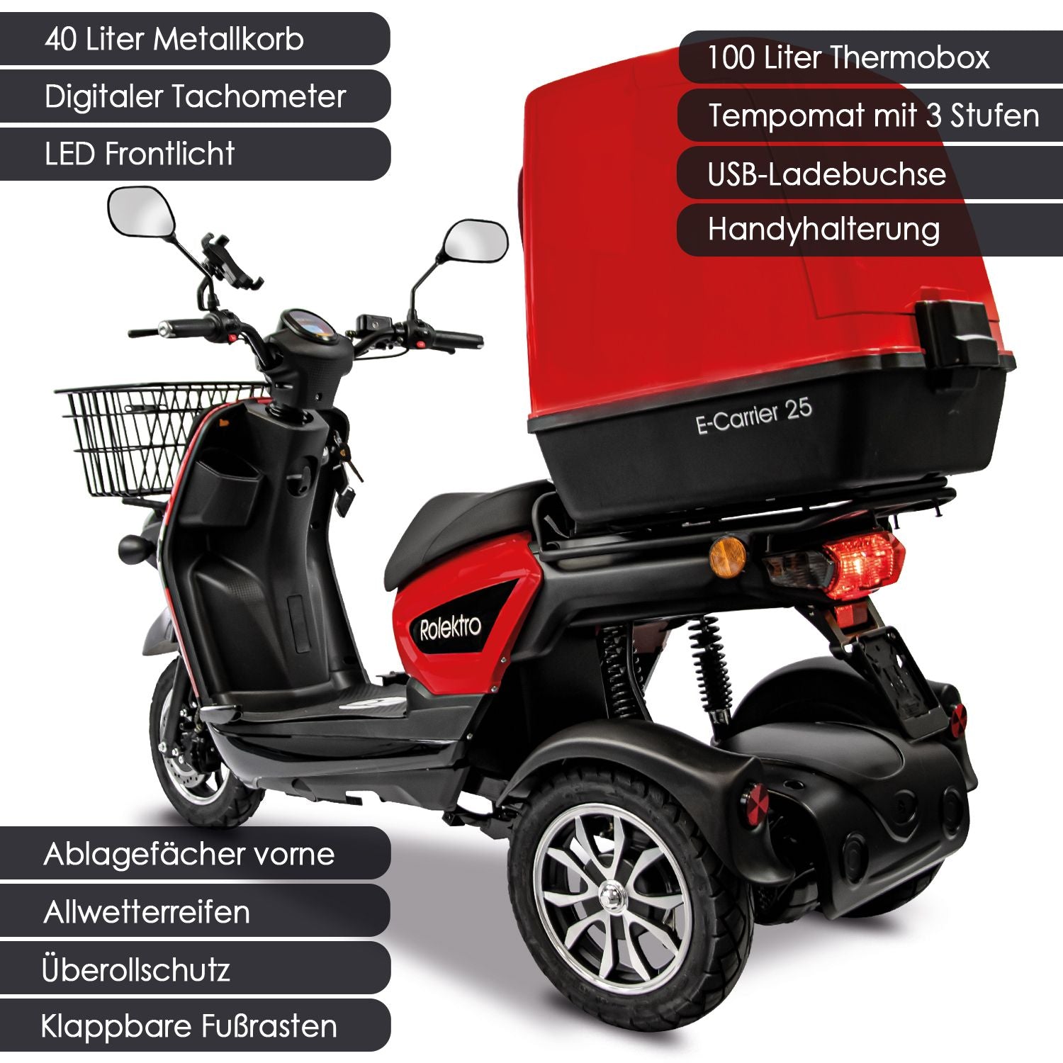 Rolektro E-Carrier 25 V.3 Lithium, Rot, mit XXL-Koffer, 25 kmh