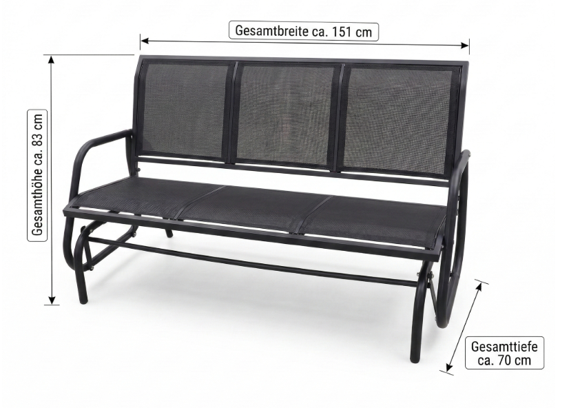 Schaukelbank Gartenbank 3-Sitzer, ca. 151 x 70 x 83 cm – Schwarz