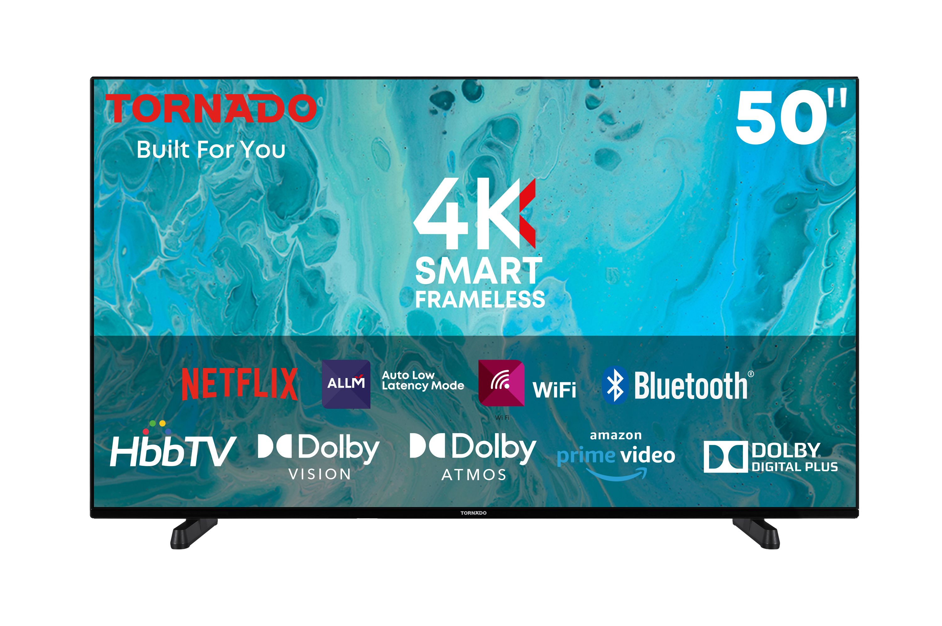 Tornado LINUX Smart TV 50 Zoll 4K Ultra HD, Rahmenlos, mit integriertem Receiver