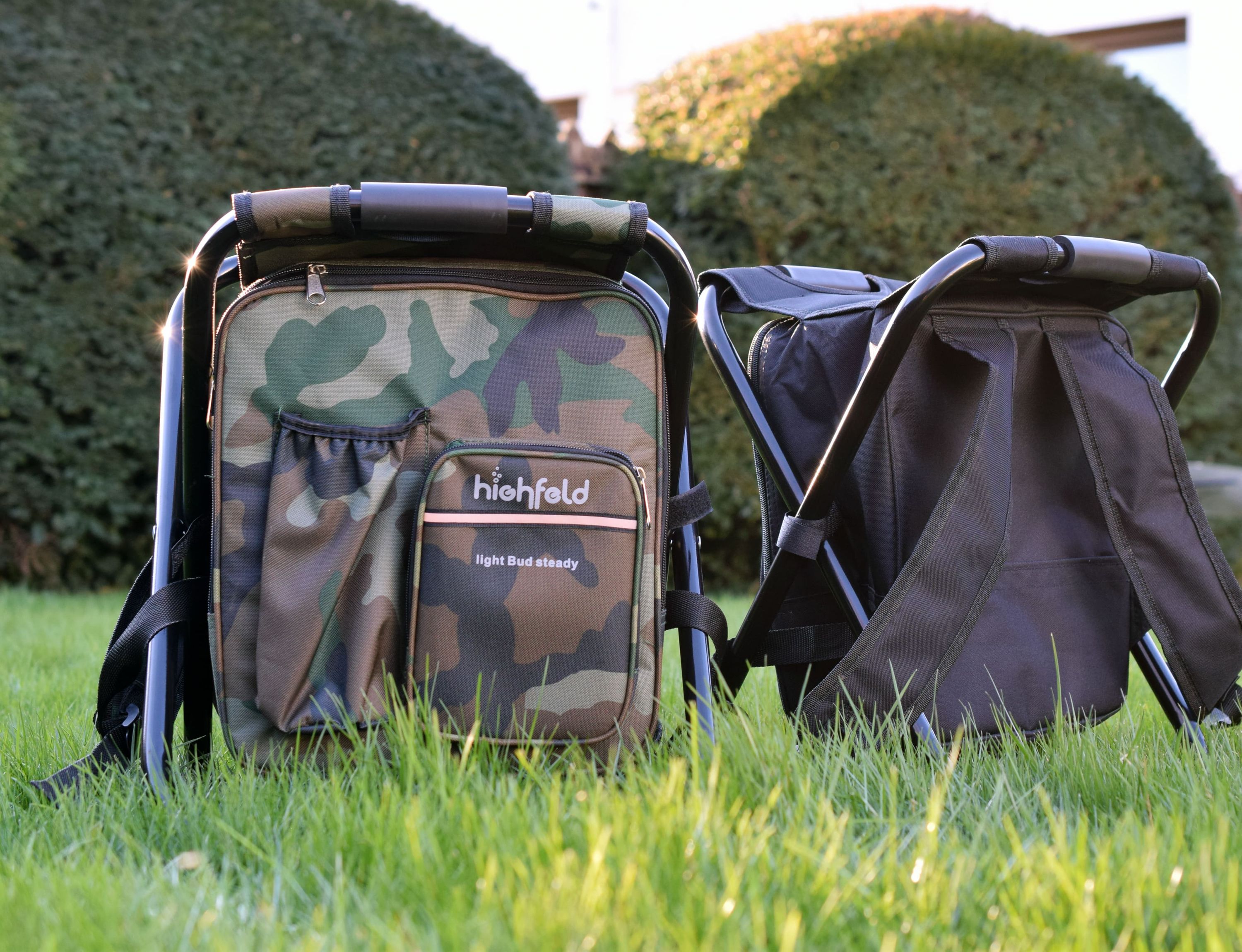 highfeld Camping Stuhl Hocker mit Rucksack camouflage Campinghocker Campingstuhl Rucksackstuhl