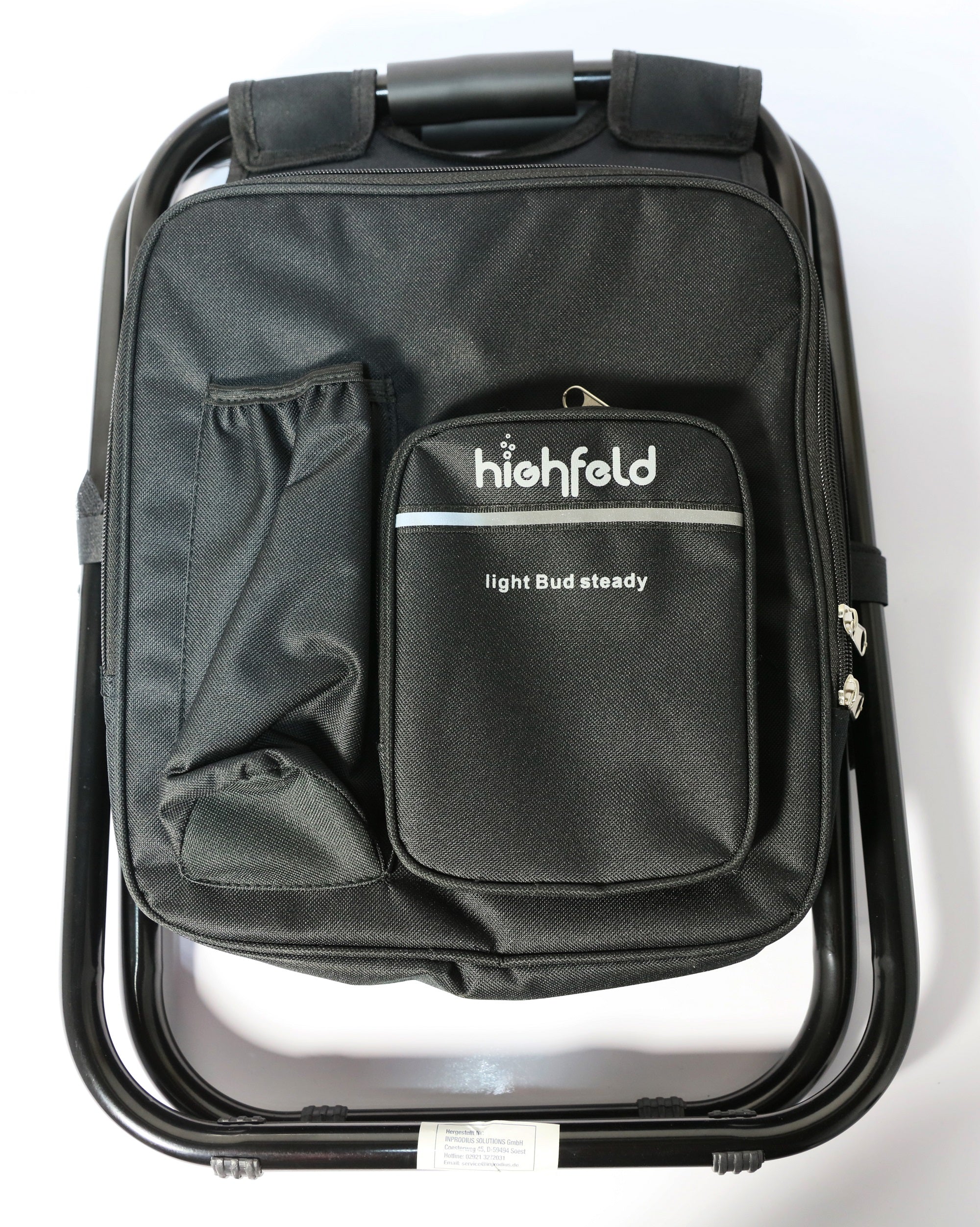 highfeld Camping Stuhl Hocker mit Rucksack black  Campinghocker Campingstuhl Rucksackstuhl