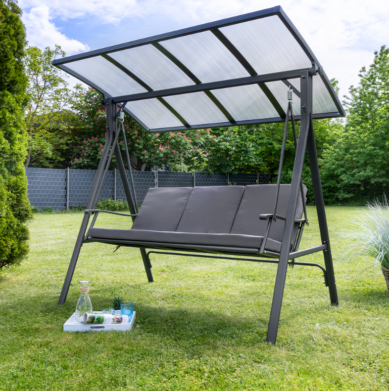 Gartenschaukel 3-Sitzer Hollywoodschaukel mit Dach grau