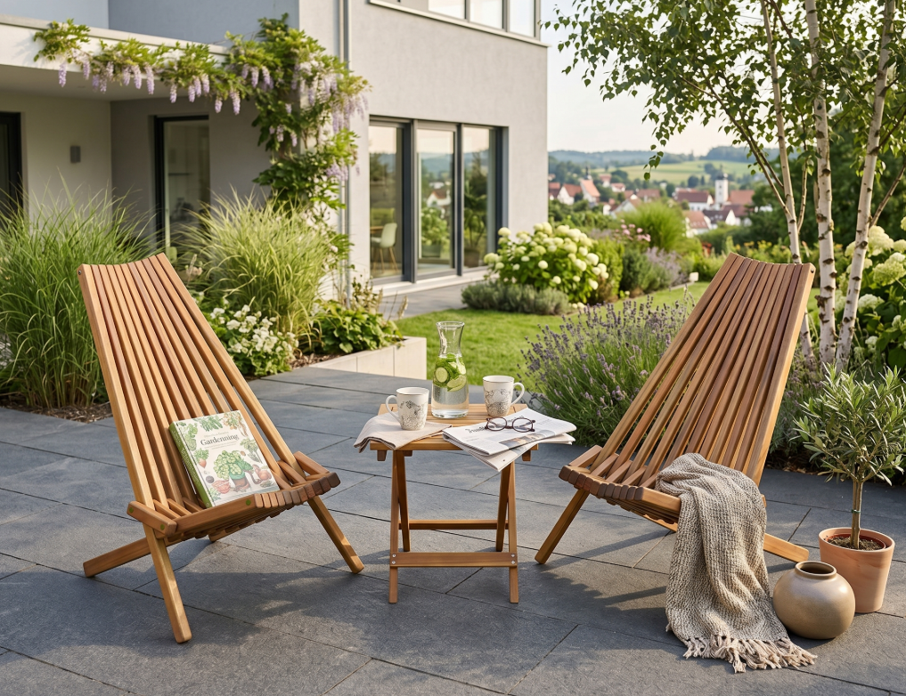 3tlg Klappbares Holzliegestuhl Set aus Akazienholz – 2 Stühle + 1 Beistelltisch