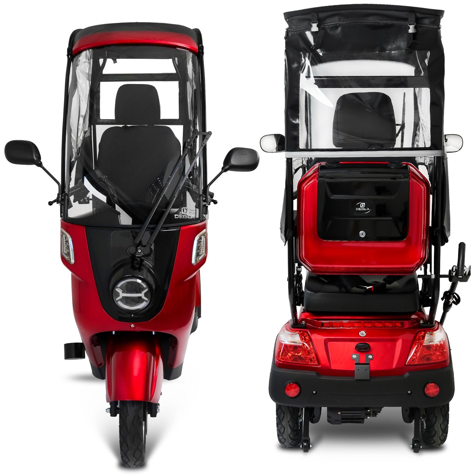 Deisla DS3-25 Dreirad mit Dach und Wetterschutz, Lithium-Akku, Rot, 25 km/h