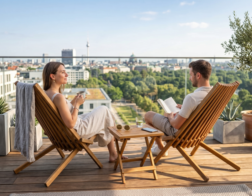 3tlg Klappbares Holzliegestuhl Set aus Akazienholz – 2 Stühle + 1 Beistelltisch