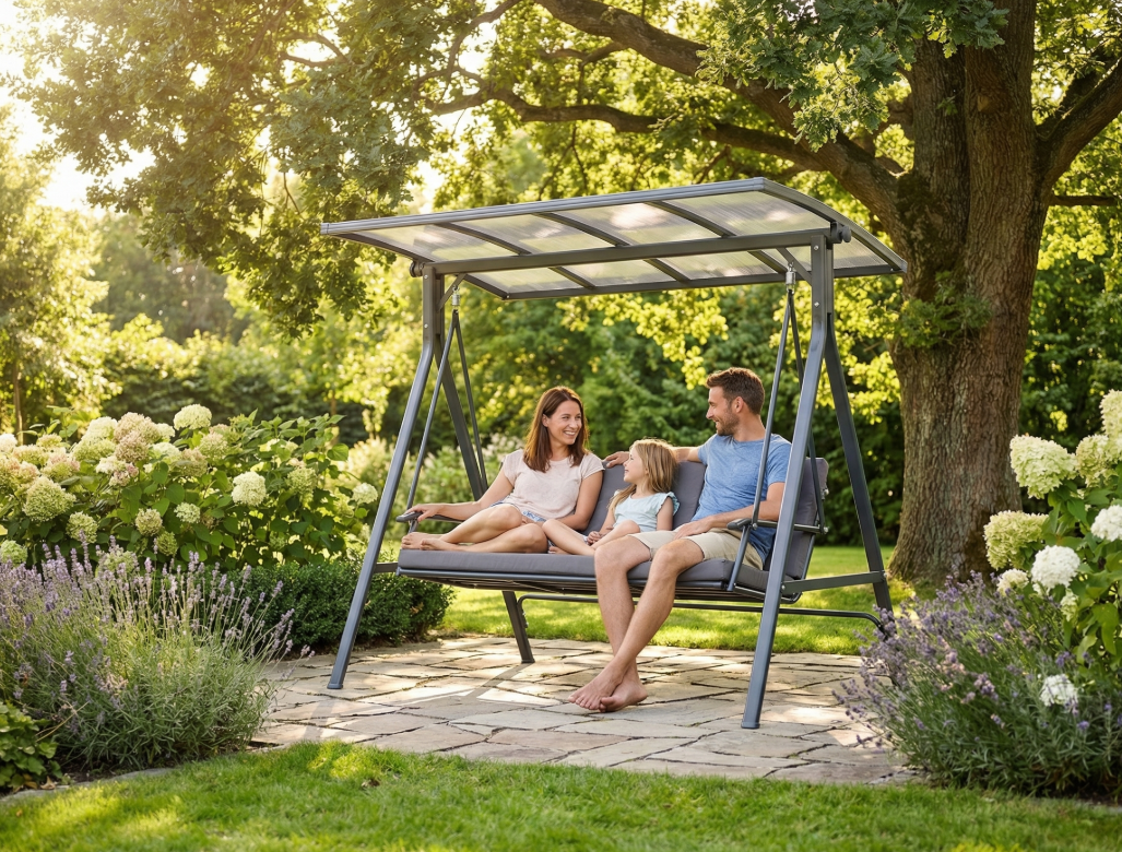 Gartenschaukel 3-Sitzer Hollywoodschaukel mit Dach grau