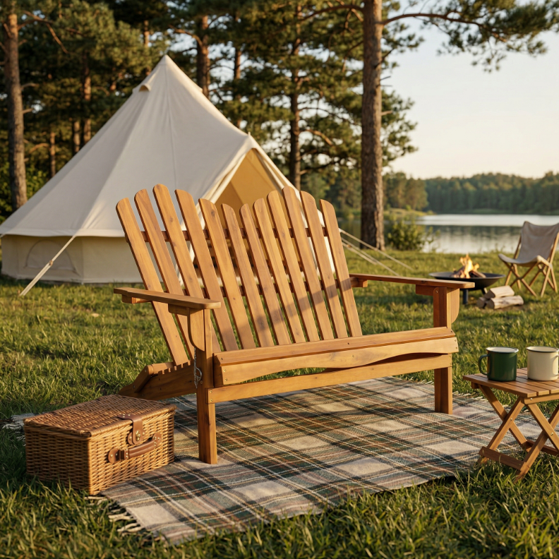 2-Sitzer Klappbare Adirondack Gartenbank aus Akazie, ca. 125 x 80 x 94 cm