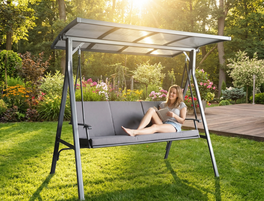 Gartenschaukel 3-Sitzer Hollywoodschaukel mit Dach grau