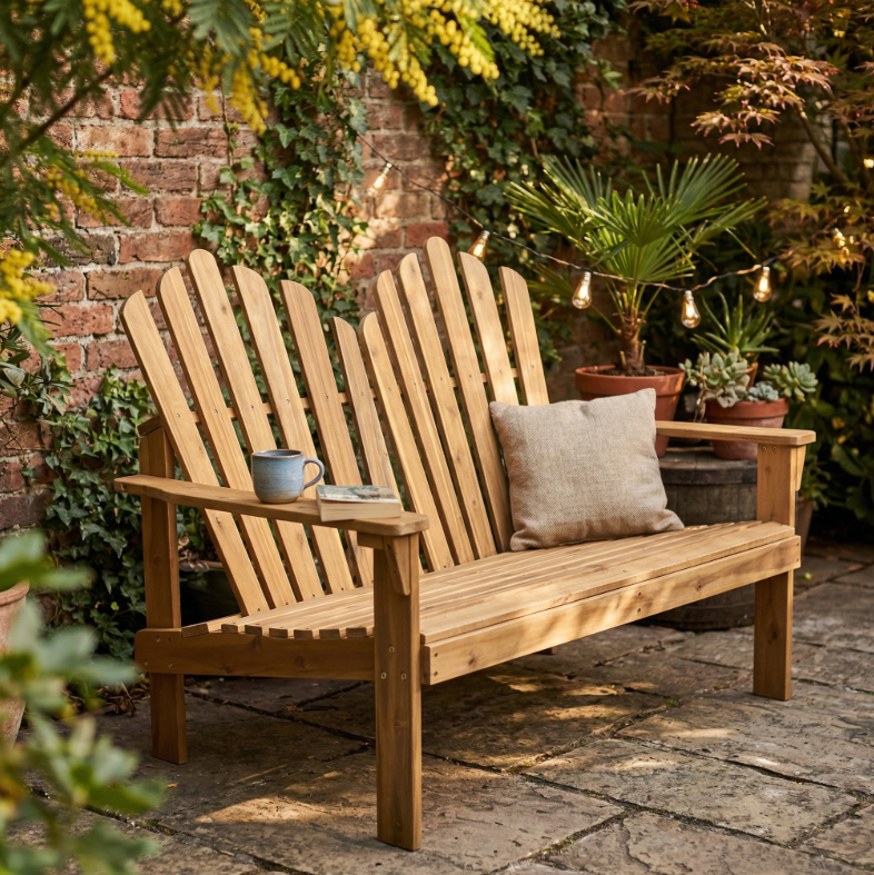 2-Sitzer Adirondack Gartenbank aus Akazienholz, ca. 125 x 80 x 94 cm – Braun