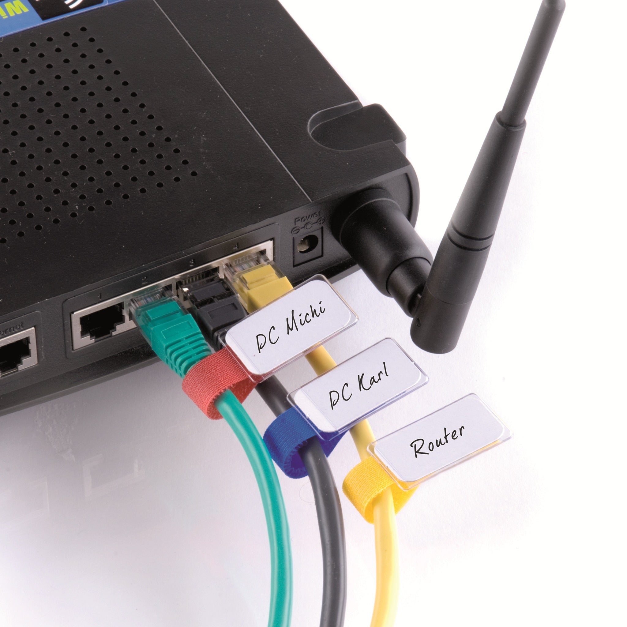 Kabelordnungs-Komplettset von Label-the-Cable –3 m Klettbandrolle + 10 beschriftbare Klettfahnen + 20 bunte Klett-Kabelbinder