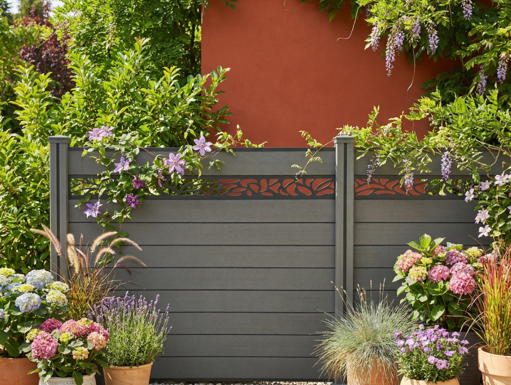 WPC‑Sichtschutzzaun Valla – 5 Elemente 6 Pfosten mit Dekorleisten, ca. 9,1×1,3 m