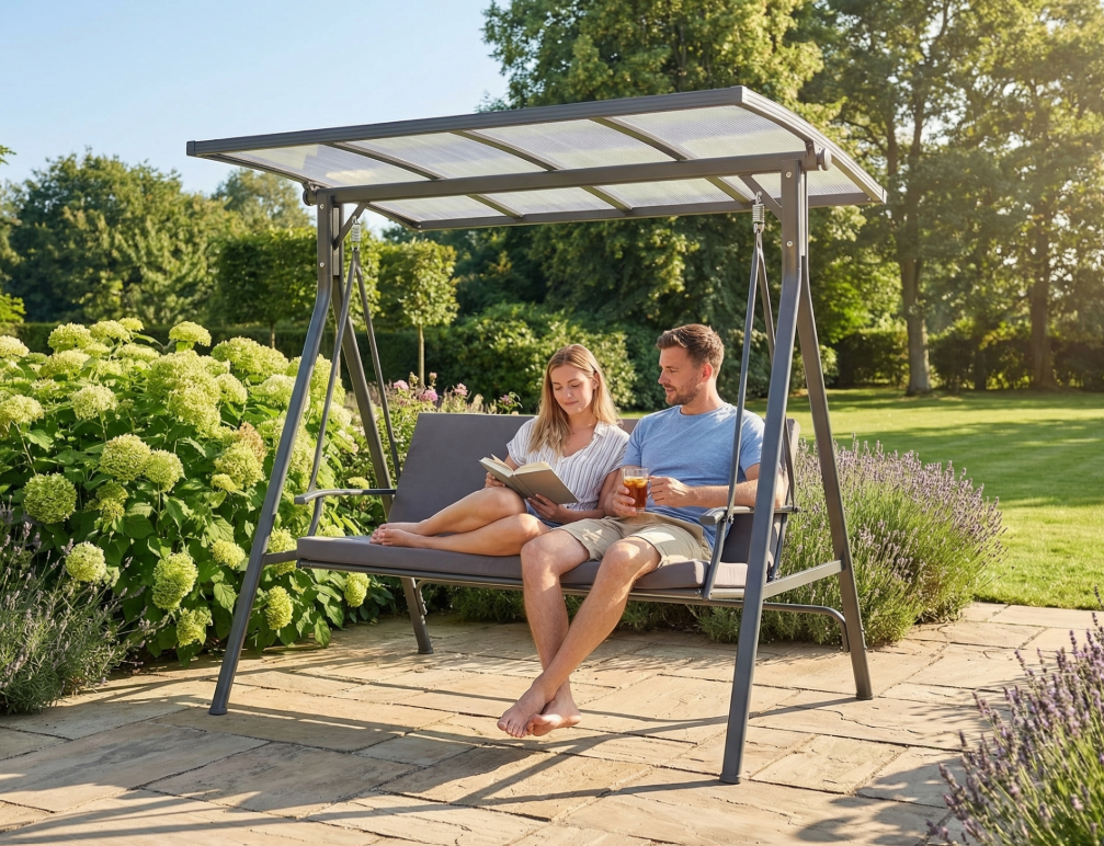 Gartenschaukel 3-Sitzer Hollywoodschaukel mit Dach grau