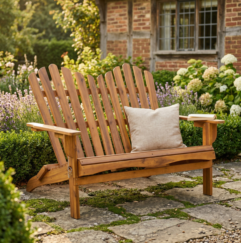 2-Sitzer Klappbare Adirondack Gartenbank aus Akazie, ca. 125 x 80 x 94 cm